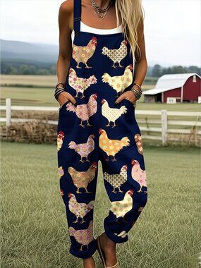 Women's Chicken Printed Overalls